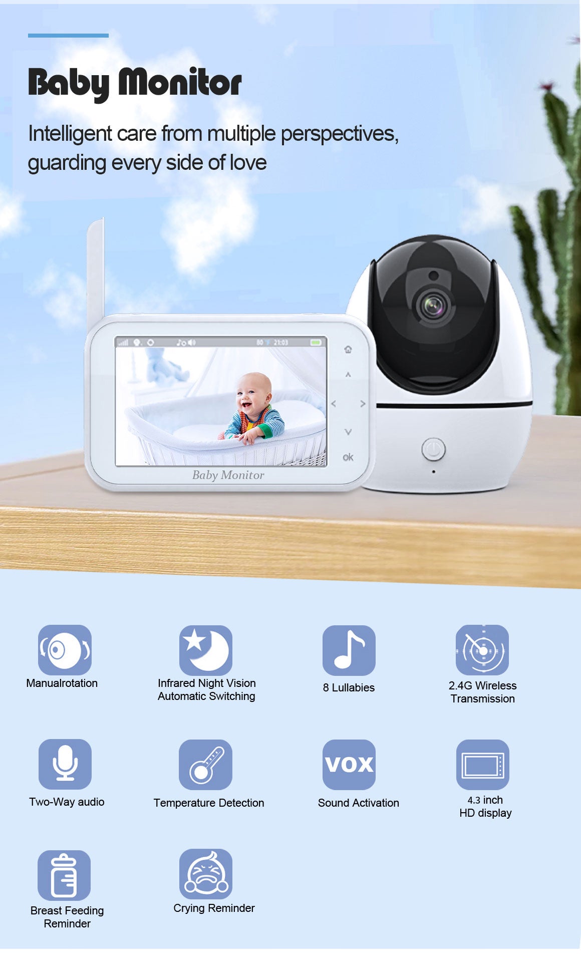 Remote Pan-Tilt Video Baby Monitor, 4.5" LCD Screen, Up to 12 Hrs Video Streaming,  Night Vision, Soothing Sounds, 2-Way Talk, Temperature Sensor