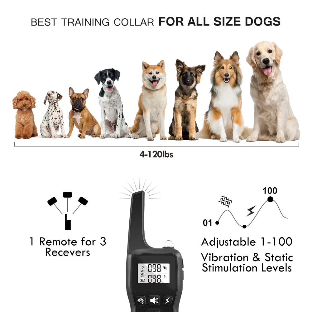 Dog Shock Collar for 3 Dogs, Waterproof Dog Training Collar with Remote, 3 Training Modes, Shock, Vibration, and Beep, Rechargeable Electric Shock Collar for Large Medium Small Dog
